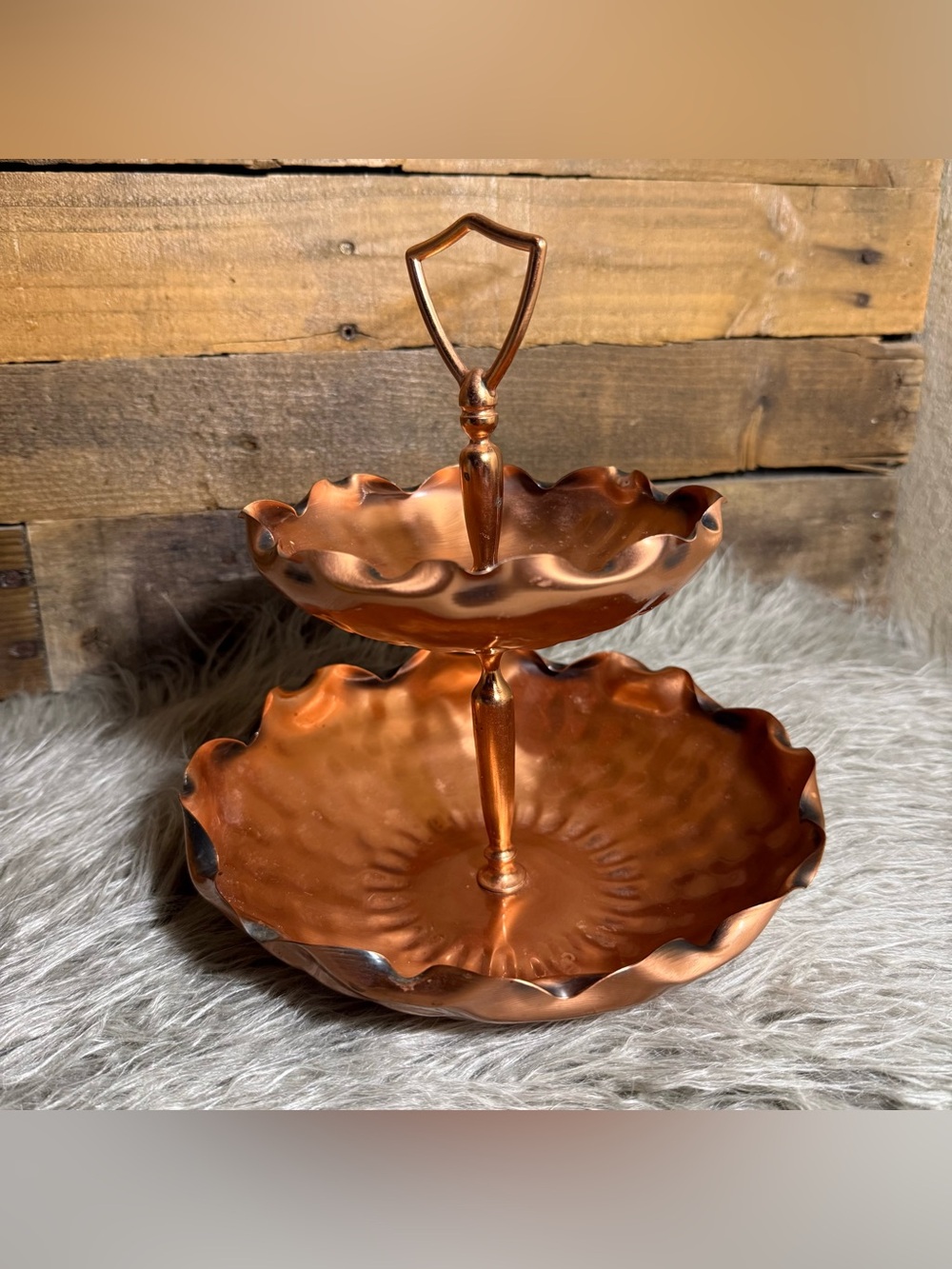 Vintage 70’s Hammered Solid Copper Fountain 2 Tier Tray, Jewelry, Candy. USA.
